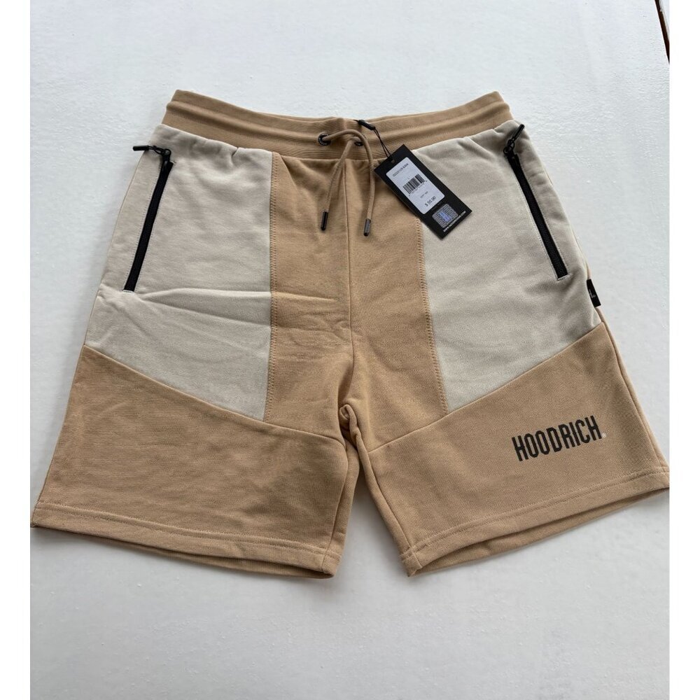Hoodrich Mens Tan & Beige Color Block Shorts With Drawstring Waist & Zippered Po